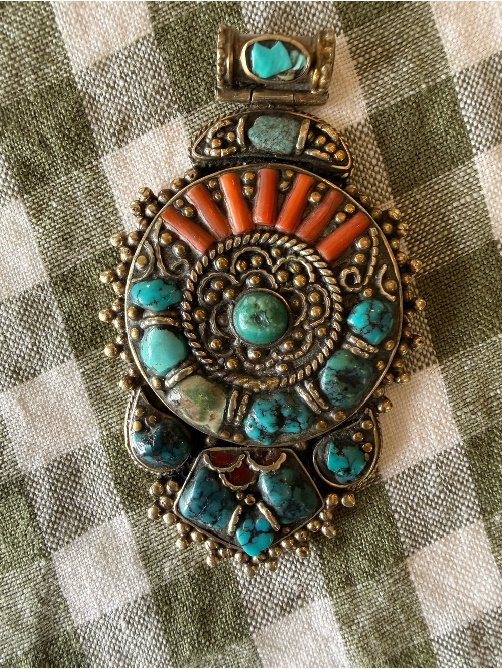 Handmade Turquoise and Coral Boho Silver Pendant Necklace
